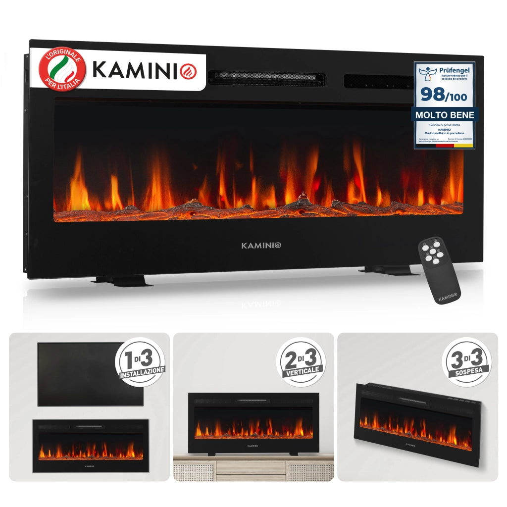 KAMINIO Camino elettrico MARLON - Camino elettrico 3 in 1 con riscaldatore, effetto fiamma 3D, 12 colori di fiamma, telecomando - 42 pollici
