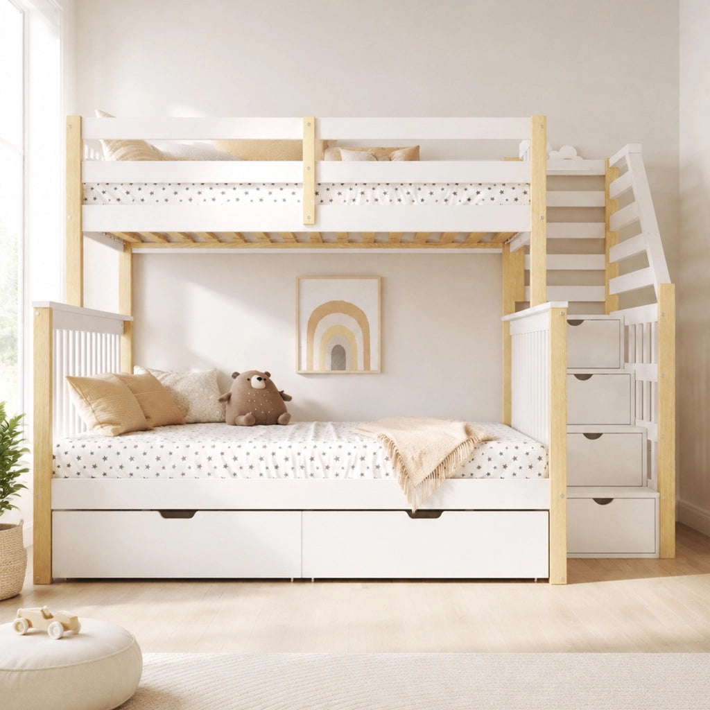 Letto a castello 90×200 cm e 140×200 cm con cassetti; contenitore e scala; senza materasso; bianco e naturale