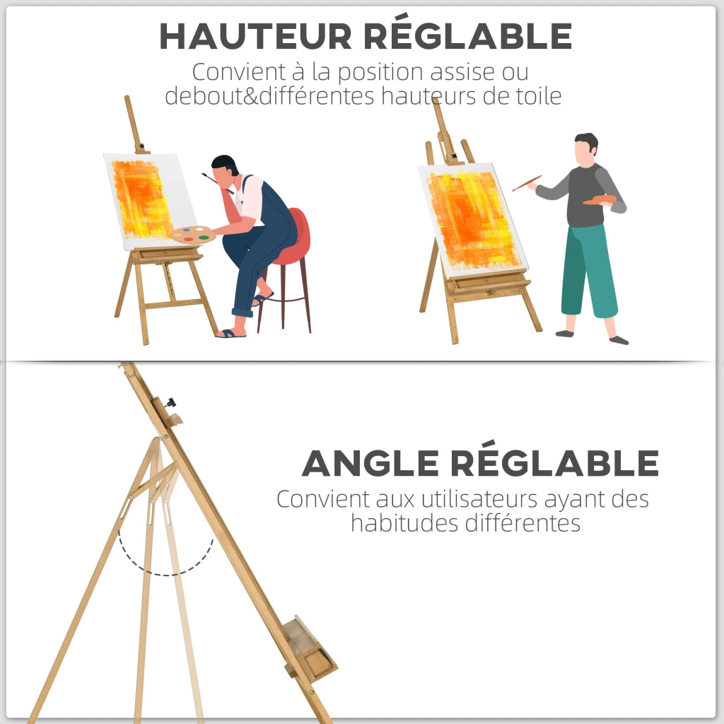 Cavalletto da Pittura Pieghevole Regolabile in Faggio ¨C zephmum ¨C Naturale 65x110x180-235 cm