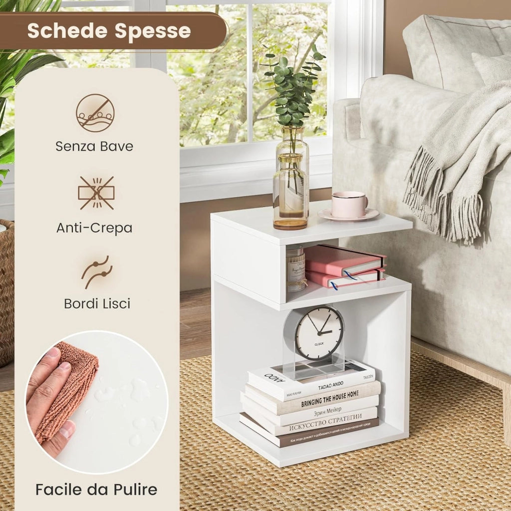 COSTWAY Tavolino Laterale da Salotto a Forma di S per Piccoli Spazi, Tavolino per Divano con 2 Scomparti Aperti, Comodino Moderno per Soggiorno, Camera da Letto e Studio, Bianco