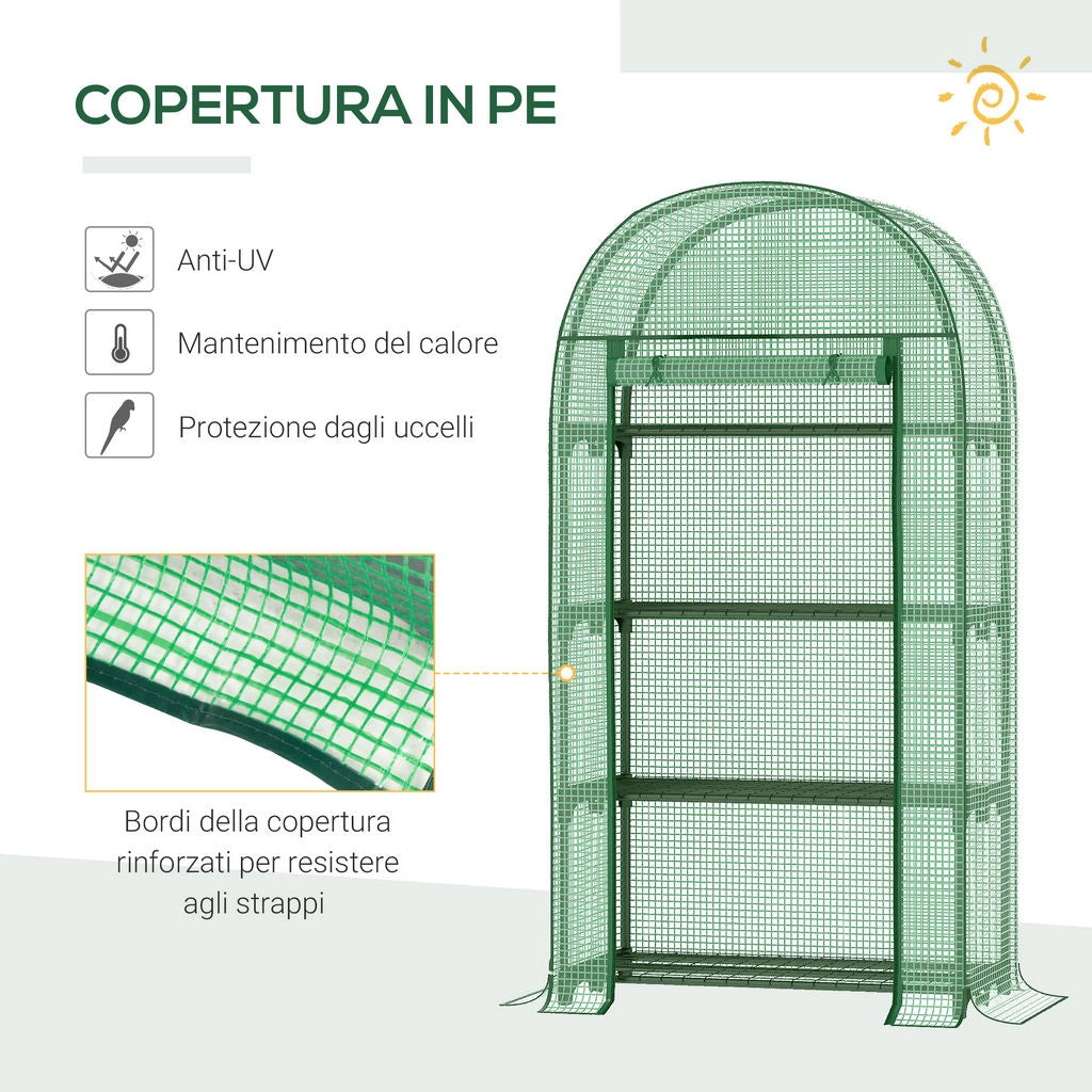 SERRA DA GIARDINO CON RIPIANI IN METALLO, COPERTURA IN PE E PORTA AVVOLGIBILE 80X49X160CM, VERDE