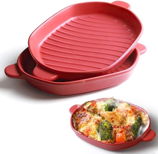 Piatto da forno, teglia per lasagna 26 x 18 cm, teglia con maniglia, ideale per 2 persone, teglia da forno, ideale per forno, ceramica, teglia da forno, lasagna, teglia da forno, confezione da 2 (rosso)
