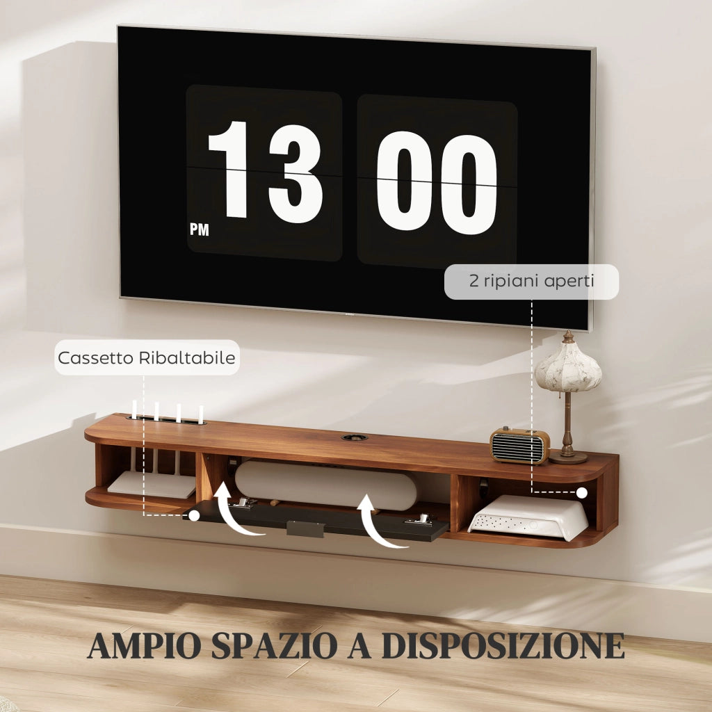 Mobile Porta TV fino 50" Sospeso con Cassetto-Credenza  per TV,2 Ripiani Aperti e Foro Passacavi,120x24x16 cm,Noce