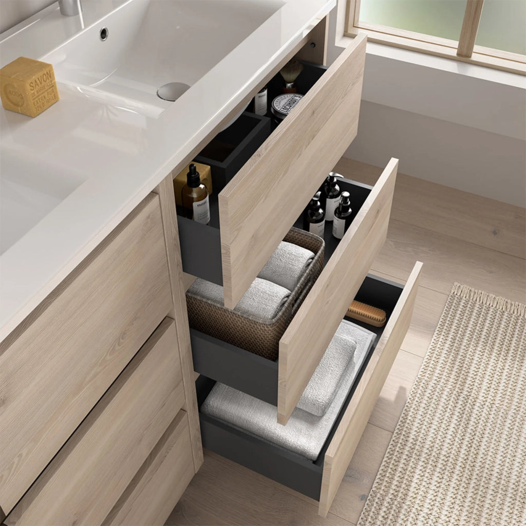 Mobile bagno a terra 120 cm rovere bali sei cassetti e doppia vasca Gaya
