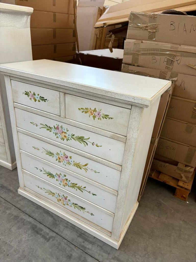 Cassettiera 6 cassetti in legno shabby bianco anticato decorato 86x40x96 - Mobili 2G