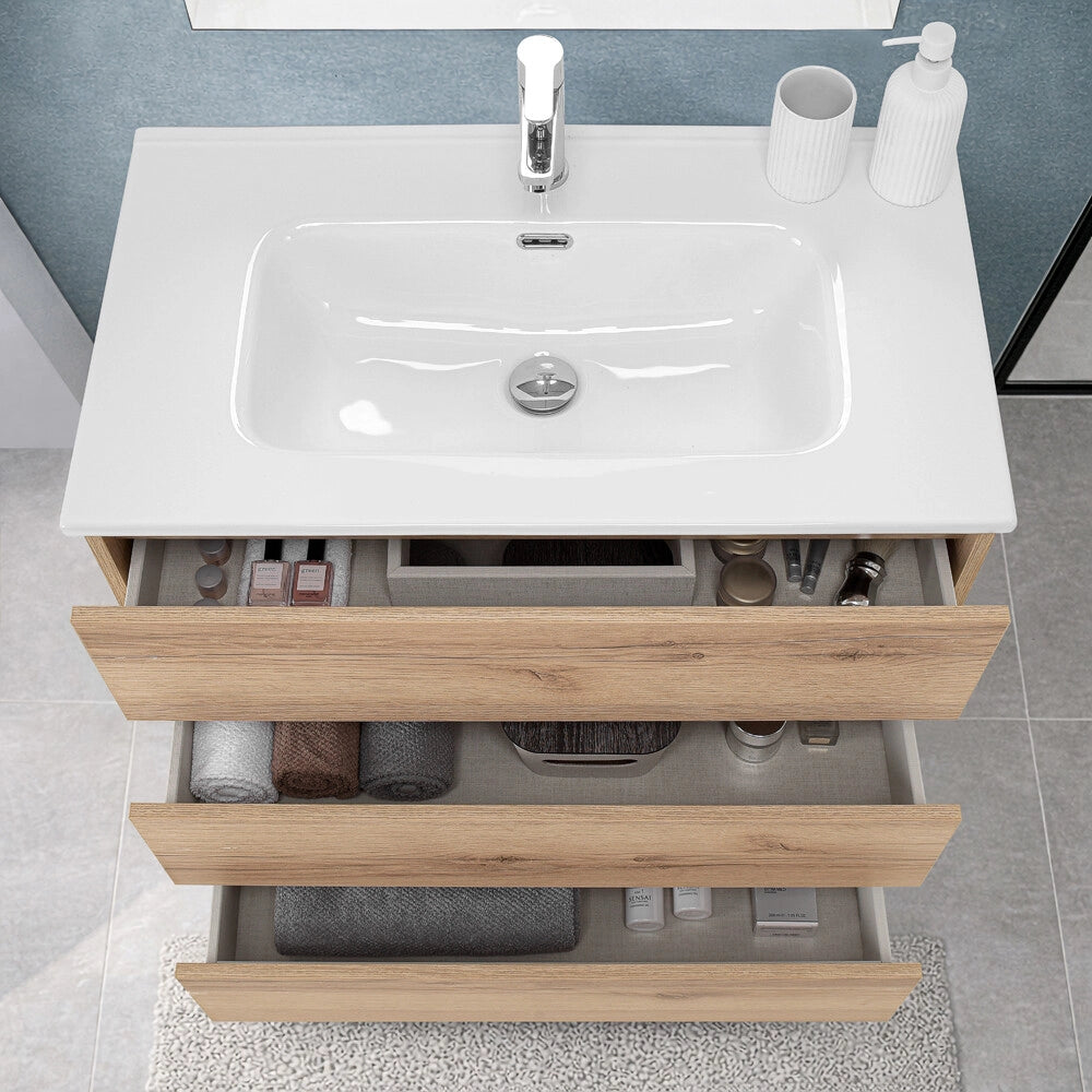 Mobile bagno a terra 100 cm in quercia naturale con lavabo e specchio Leda