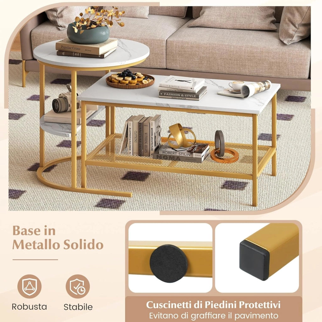 Set di Tavolini da Caffè Componibili, 2 in 1 Set di Tavoli Rimovibili con Piano in Marmo Sintetico, Tavolino Rotondo e Tavolino Rettangolare per Salotto e Camera da Letto (Oro)