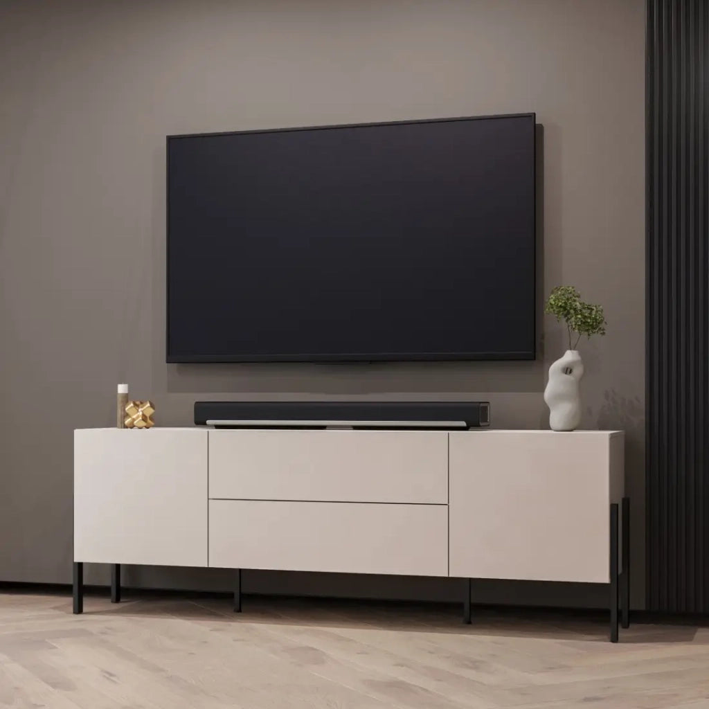 Mobile TV SALMA – 2 porte & 2 cassetti Push-to-Open – beige & nero opaco, 207×70×40 cm