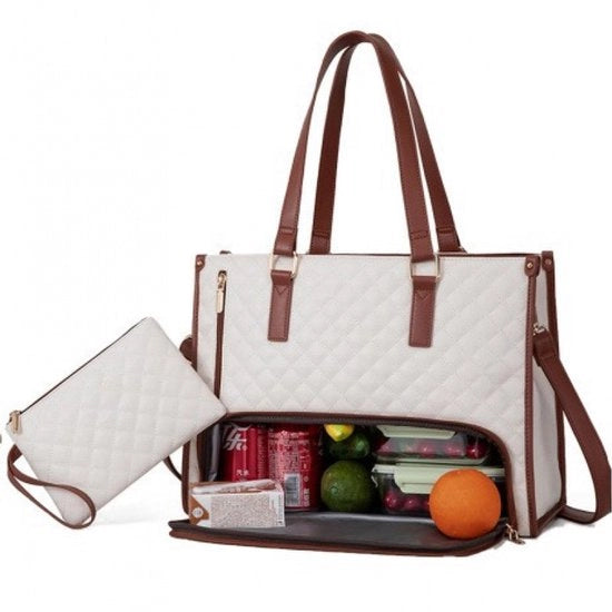 Borsa per laptop da 15,6 pollici con tas isolato per pranzo, grande borsa per laptop con portafoglio per lavoro, ufficio, università, tempo libero, 42 * 18 * 30 cm, bianco e marrone