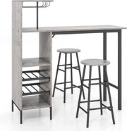 Set 3 Pezzi Tavolo e Sedie da Bar, Tavolo e Sgabelli da Pub Industriale con Porta Calici e 6 Portabottiglie da Vino, Set di Tavolo per Sala da Pranzo, Ristorante e Bar (Grigio)