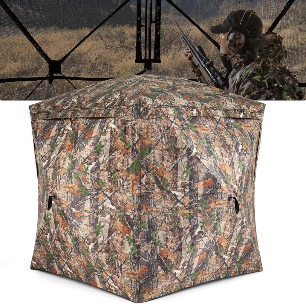 Tenda da Caccia per 2-3 Persone, Tenda Mimetica a 270° per Caccia, Tenda Pop-Up Camouflage con Porta Magnetica Silenziosa, 4 Finestre e Borsa da Trasporto, 146 x 146 x 170 cm