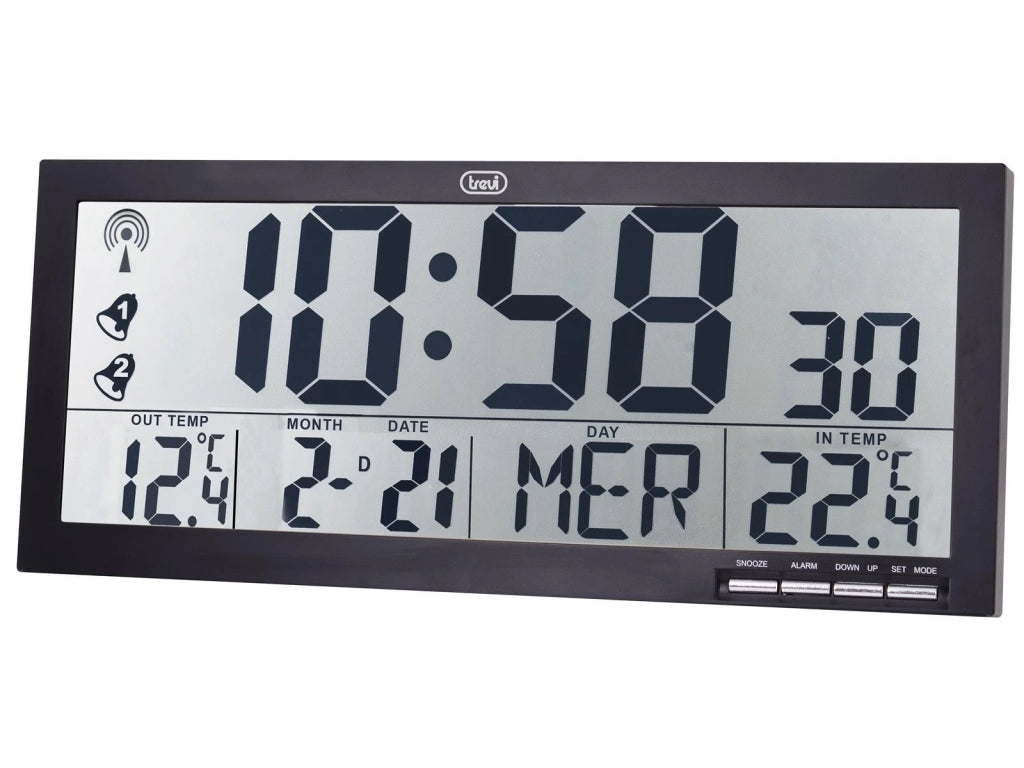 Trevi 0M353000 OM 3530 RC Orologio digitale Radiocontrollato con Sensore Esterno Temperatura Interna e Esterna Sveglia Programmabile Formato 12 24 Ore Display LCD Grande Angolo di Visione Muro Tavolo colore Nero