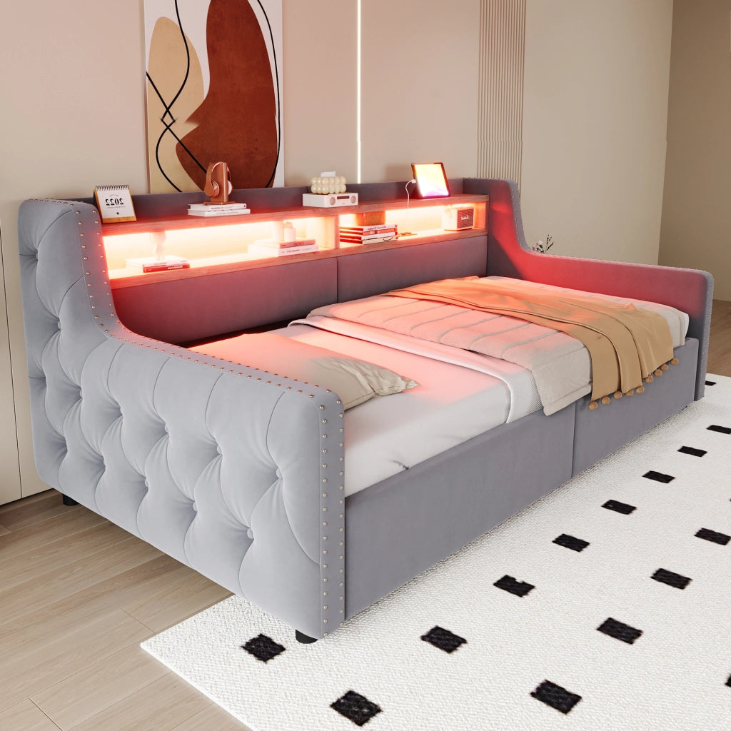 OKWISH Letto Divano 90×200 cm, Letto Singolo con Contenitore, LED, Mensola e Porte USB e Tipo C, senza Materasso, in Velluto, Grigio Chiaro