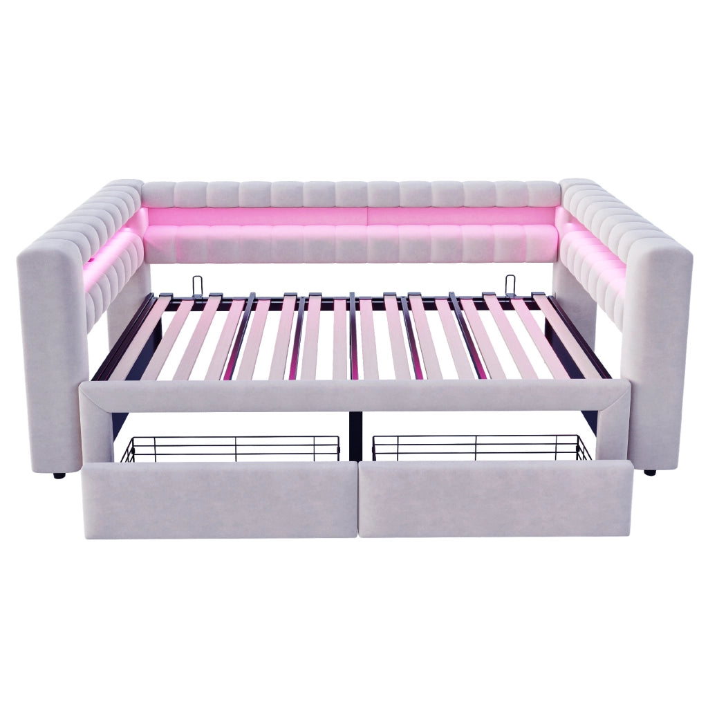 Divano letto estraibile 90x190/180x190 cm con cassetti, LED e USB-C in velluto grigio chiaro
