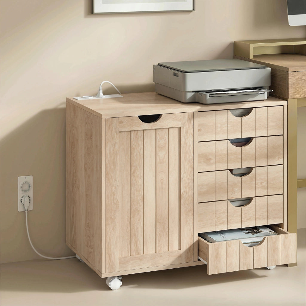 Scrivania con cassetti e ripiano per stampante ¨C zephmum ¨C Naturale 90x50x75 cm