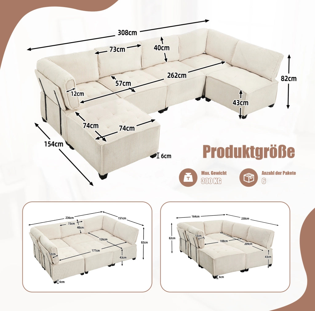 Divano modulare 6 posti in velluto a coste beige