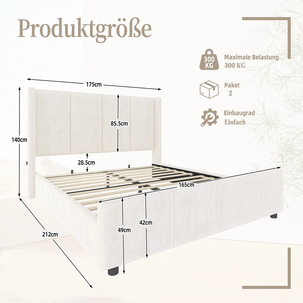 Letto-Xylo-160x200 cm-testiera alta, USB, ferro+legno, beige