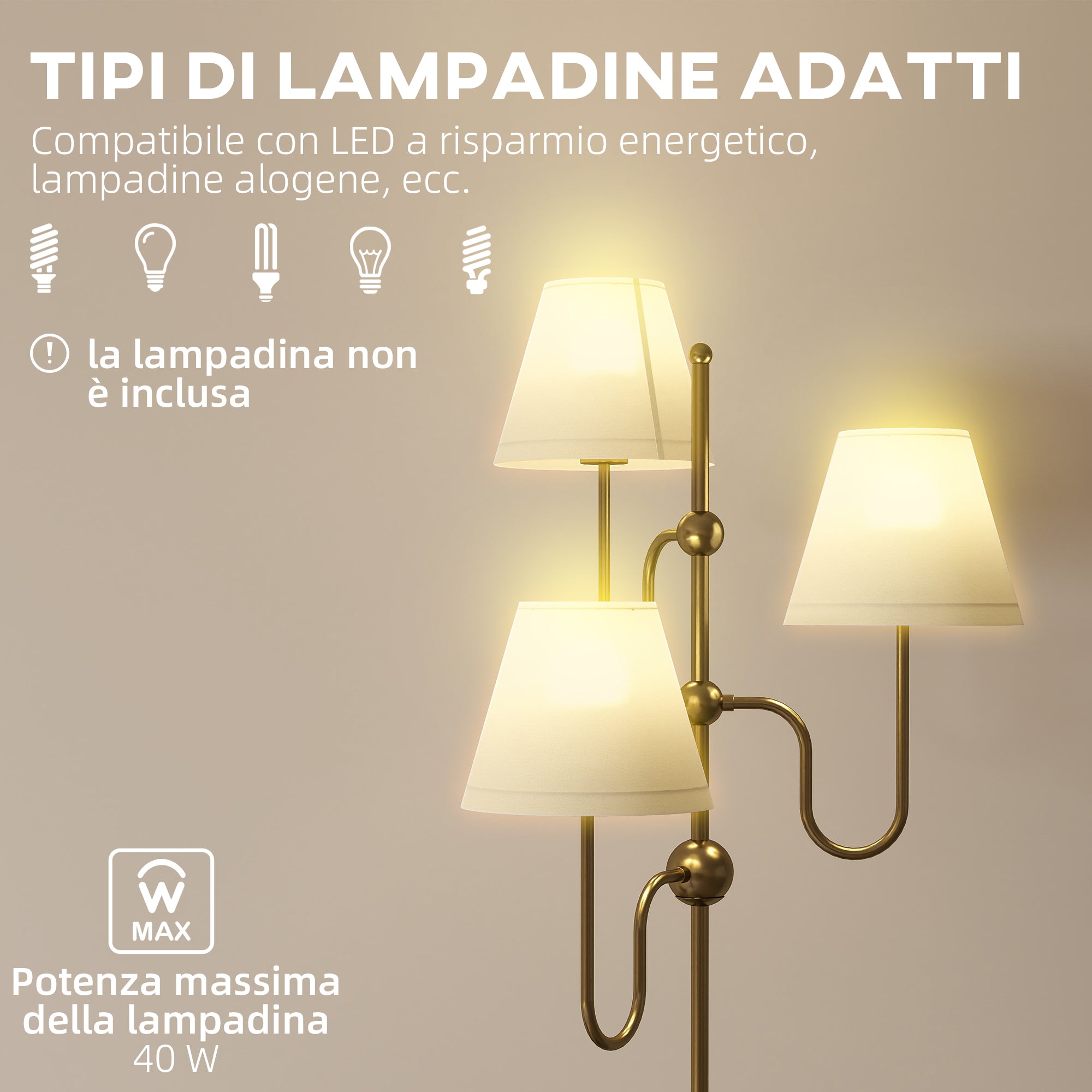 Lampada da Terra Alta con 3 Punti Luce Attacco E27 e Interruttore a Pedale 54x54x165 cm Base in Metallo Oro