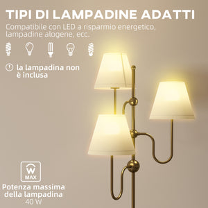 Lampada da Terra Alta con 3 Punti Luce Attacco E27 e Interruttore a Pedale 54x54x165 cm Base in Metallo Oro