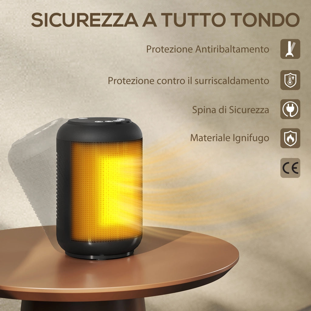 Riscaldatore Elettrico e Regolabile a 3 Modalità 14x14x21,5 cm con Timer 24h in PP e PA Ignifugo Nero