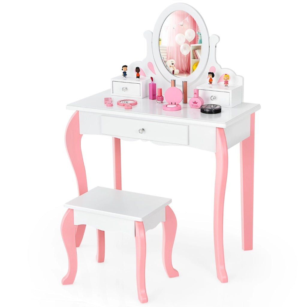 Set tavolo toeletta e sgabello per bambini con specchio girevole a 360¡ã e 3 cassetti, Tavolo da trucco Bianco-Toelette per bimbi