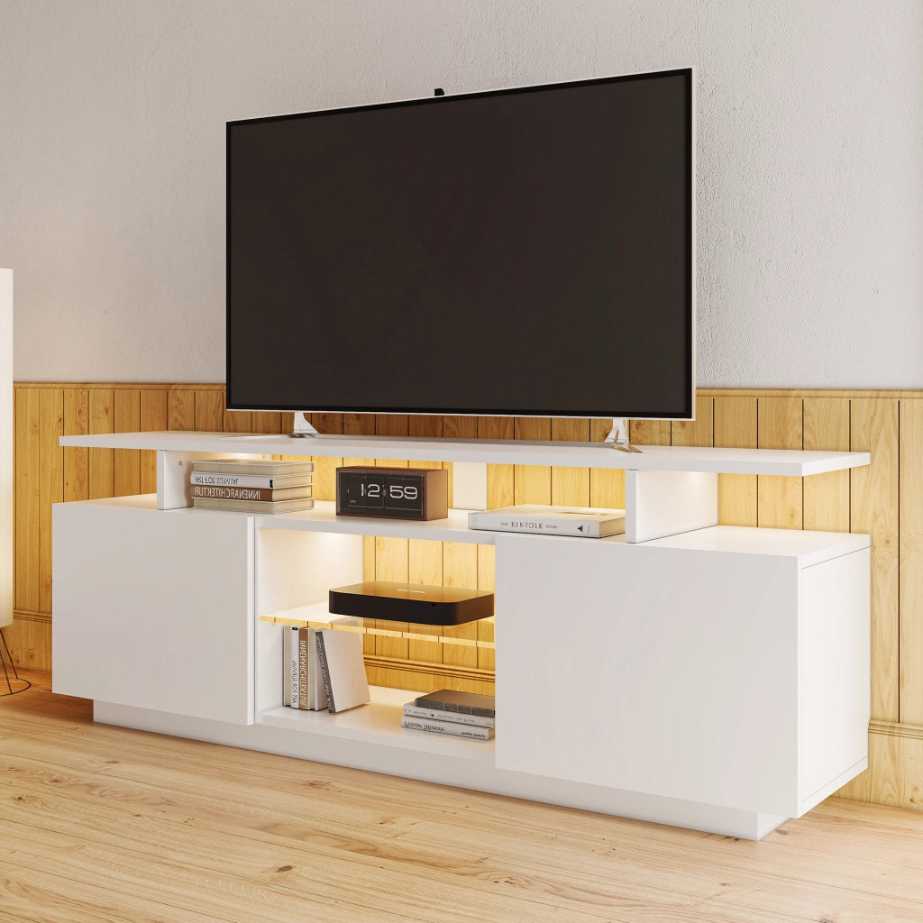 Mobile TV con 2 Ante e 5 Vani Aperti e LED Controllato da App; in Pannello Truciolare; Bianco; 140×35×55 cm
