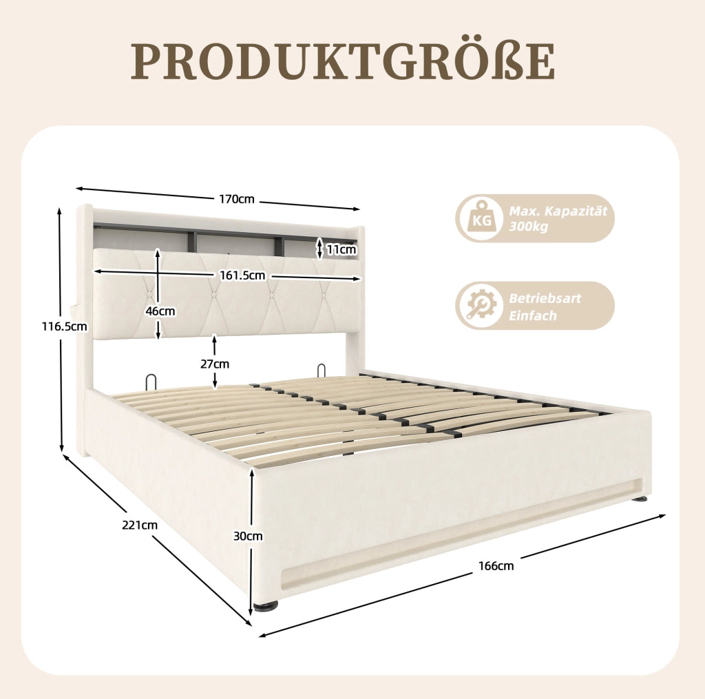 Letto imbottito 160x200 cm con LED; contenitore e USB in velluto beige