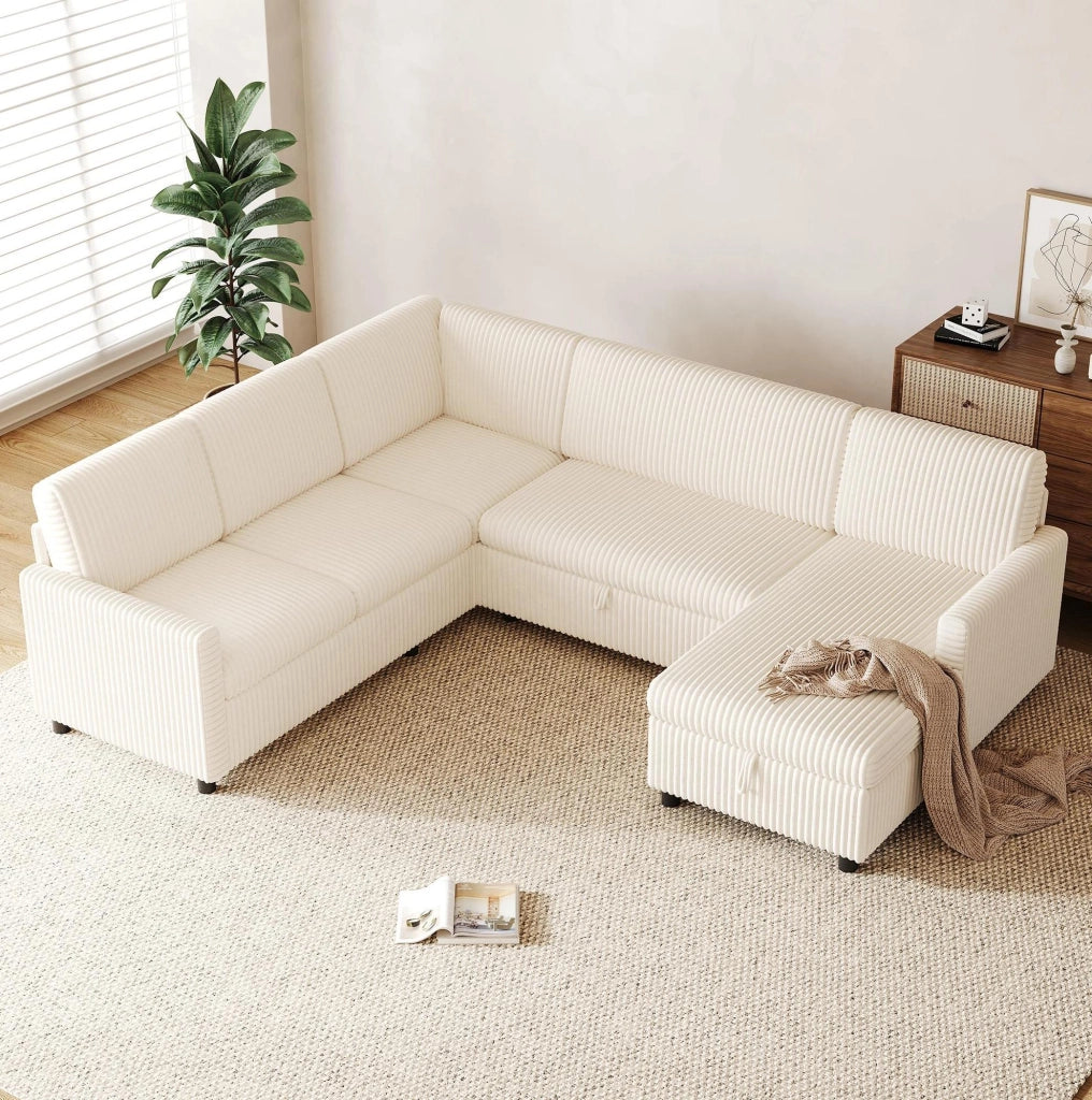 Divano letto a U con contenitore; corduroy beige; 274x220x85 cm