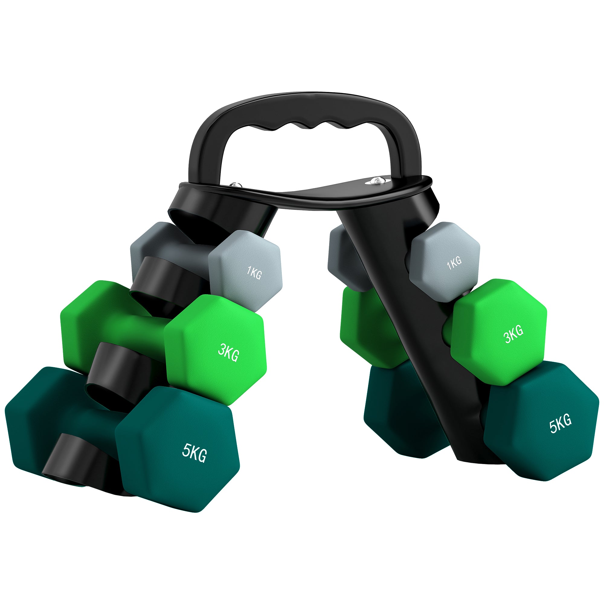 Set 6 Pesi Manubri con Supporto Coppie da 1-3-5 Kg in Metallo Verde e Nero