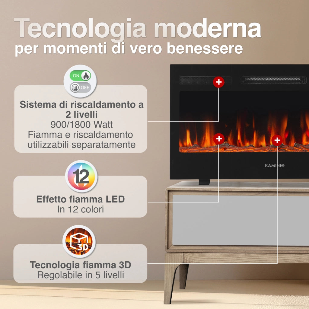 KAMINIO Camino elettrico MARLON - Camino elettrico 3 in 1 con riscaldatore, effetto fiamma 3D, 12 colori di fiamma, telecomando - 36 pollici