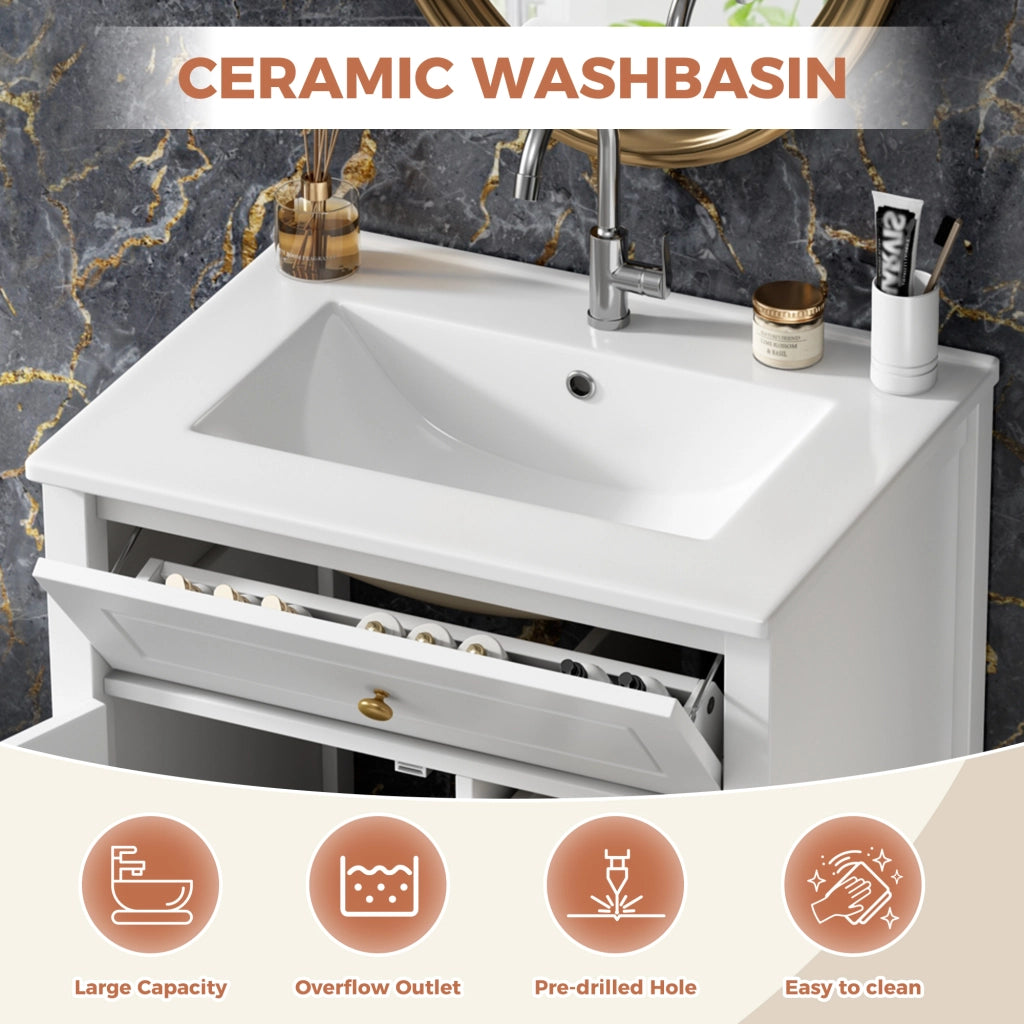 Mobile bagno a terra 61 cm bianco con lavabo in ceramica e maniglie oro