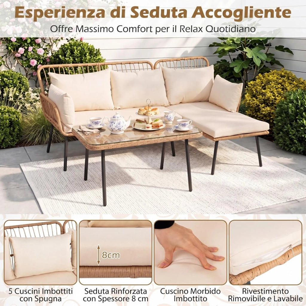 Set di 3 Pezzi Mobili da Giardino, 2 Divani in PE Rattan con Cuscini Imbottiti, Tavolino da Caffè Rotondo con Piano in Vetro Temperato, Facile da Pulire, per Cortile, Terrazza e Balcone