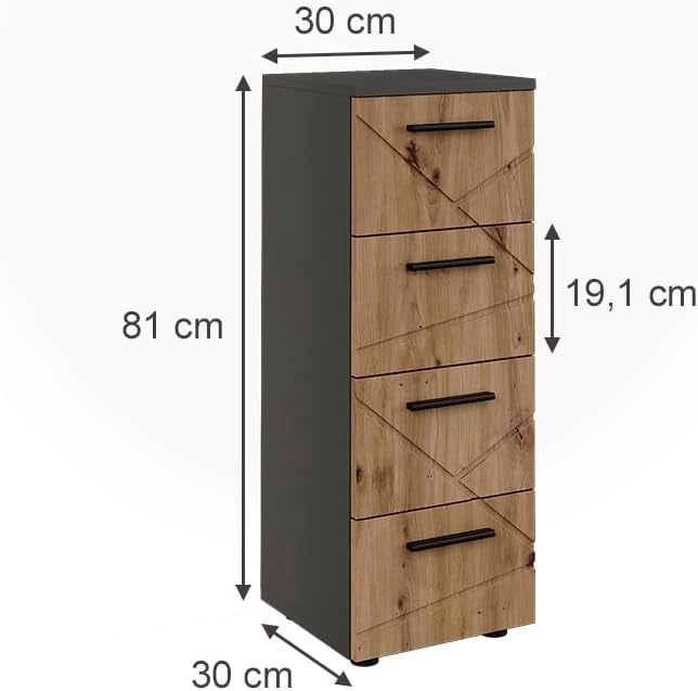 Mobiletto midi Irma, Antracite/Artisan, 30 x 81 cm con 4 cassetti