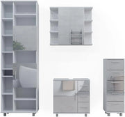 Set mobili bagno Ilias, Bianco lucido, 60 cm, composto da mobile lavabo, pensile a specchio, colonna e base media