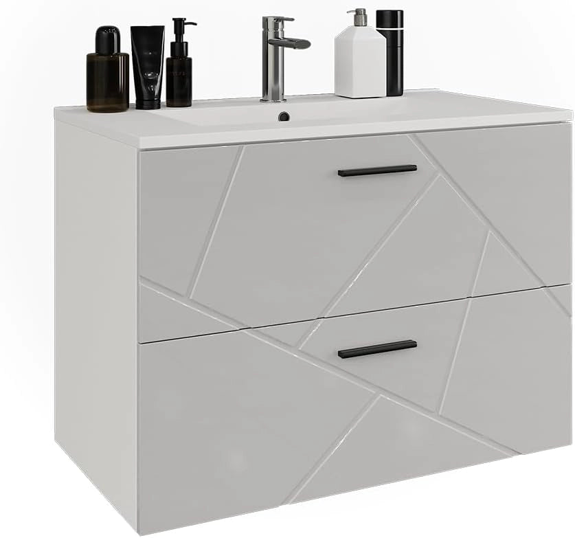 Set di mobili da bagno Irma, Bianco/bianco lucido, 80 cm, composto da mobile sottolavabo e lavabo