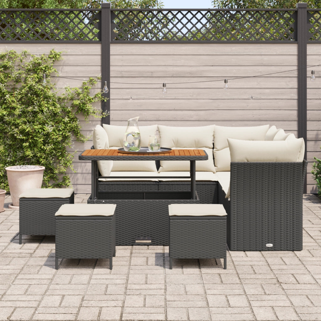 Set Divano da Giardino  9 Pezzi con Cuscini Nero Polyrattan Acacia