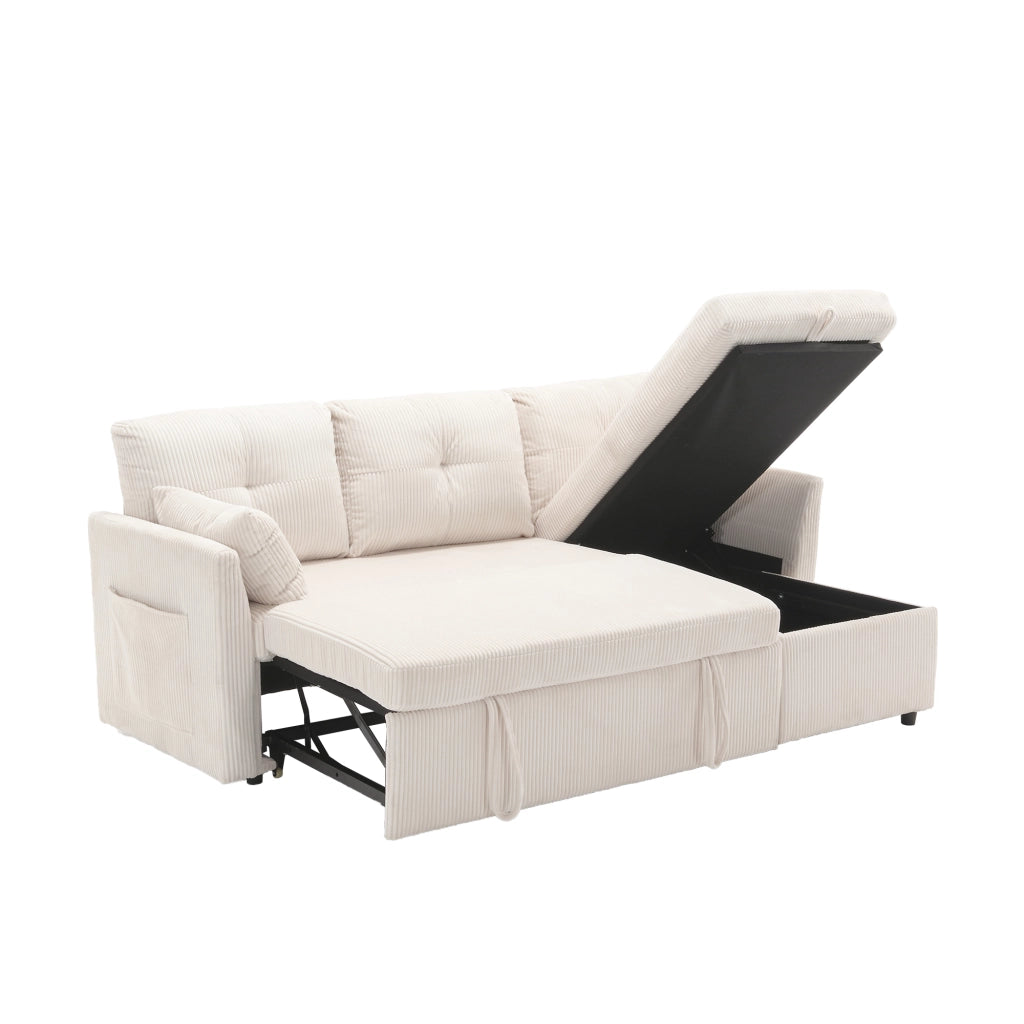 Divano letto modulare in corduroy con contenitore, seduta intercambiabile e cuscini inclusi