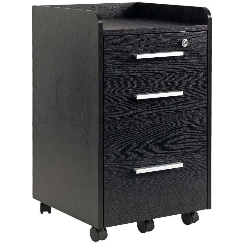 CASSETTIERA PORTADOCUMENTI IN LEGNO A 3 CASSETTI CON CHIAVI DI SICUREZZA E 5 RUOTE, 39.2X40X65.4 CM, NERO