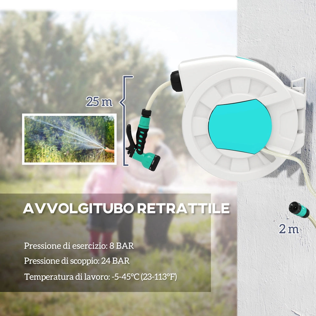 Avvolgitubo da Giardino Retrattile con Tubo dell'Acqua 25+2 m e 7 Getti per Irrigazione Verde e Grigio Chiaro