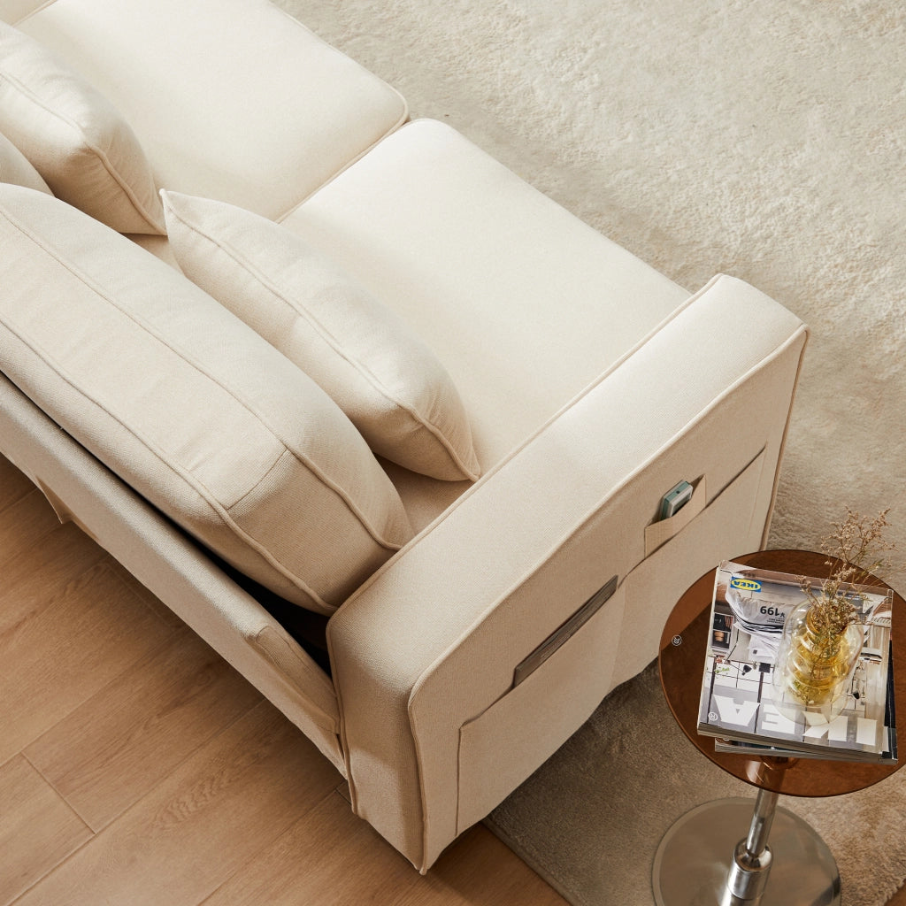 OKWISH Divano Lineare 4 Posti, con Tasche Laterali e 4 Cuscini Lombari, Schienale Alto, Lino Beige 264 × 83 × 87 cm