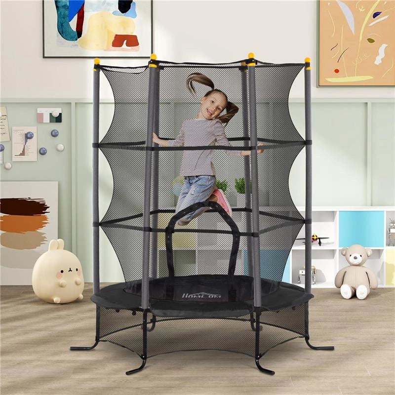 TRAMPOLINO ELASTICO PER BAMBINI Ï1.6X1.9 M CON RETE DI SICUREZZA E PALI IMBOTTITI, ETÓ 3-10 ANNI, NERO