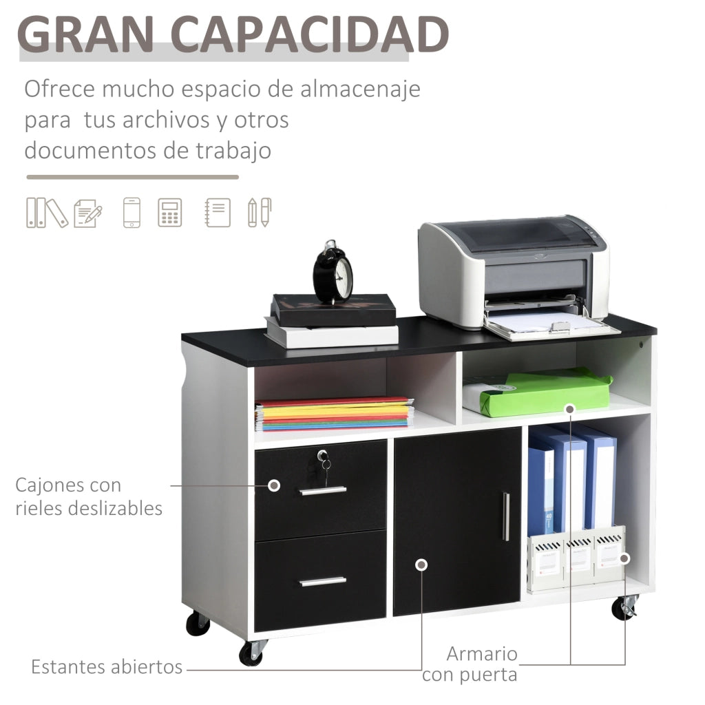 Scrivania con cassetti e ripiani rotelle ¨C zephmum ¨C nero bianco 100x35x65 cm