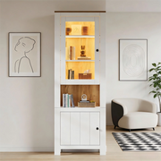 Vetrina alta con 2 ante, 6 ripiani e LED, per soggiorno, in pannello truciolare e vetro, bianco, 70 × 40 × 188 cm