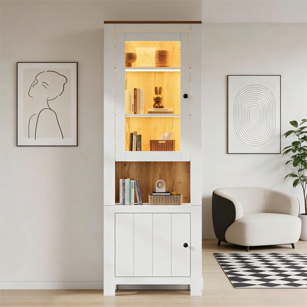 Vetrina alta con 2 ante, 6 ripiani e LED, per soggiorno, in pannello truciolare e vetro, bianco, 70 × 40 × 188 cm