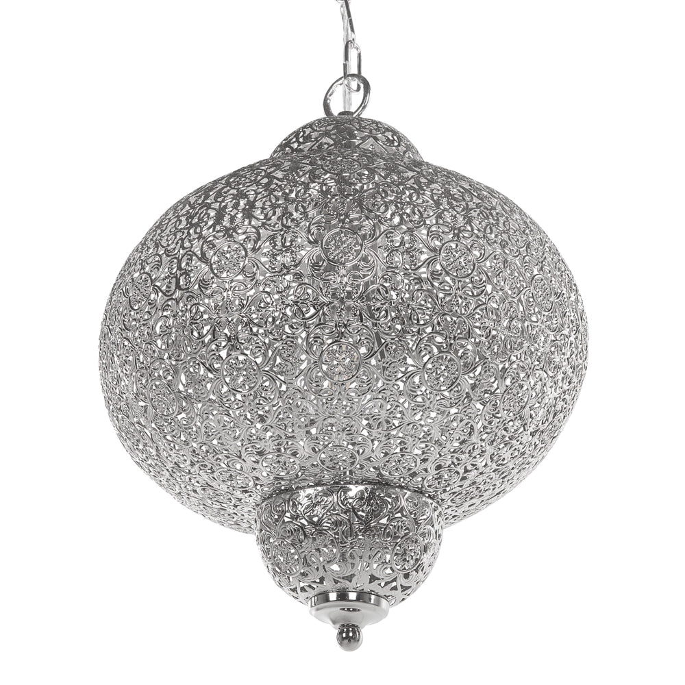 Lampada a sospensione in metallo argentato con motivi intagliati dal design marocchino vintage
