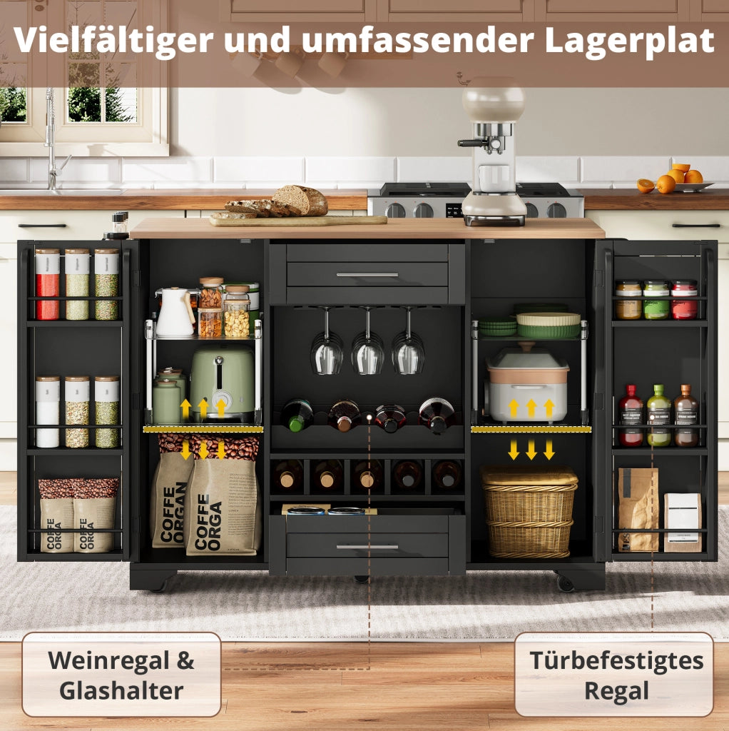 Carrello cucina con piano pieghevole e portabottiglie