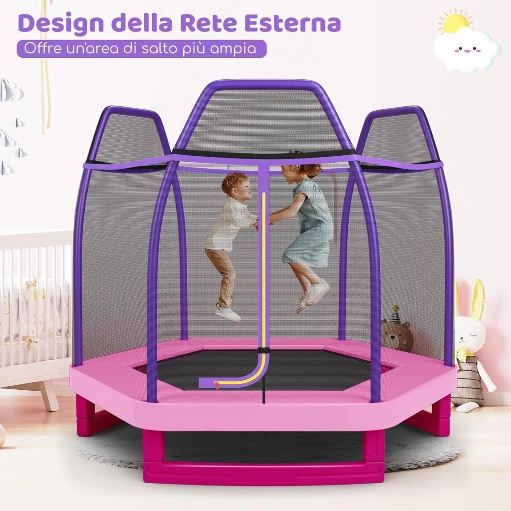 Trampolino Elastico per Bambini 223 cm, Tappeto Elastico per Bambini da Esterno ed Interno con Rete e Cuscinetto a Molle, Portata150 kg, Adatto ai Bambini 3+ Anni