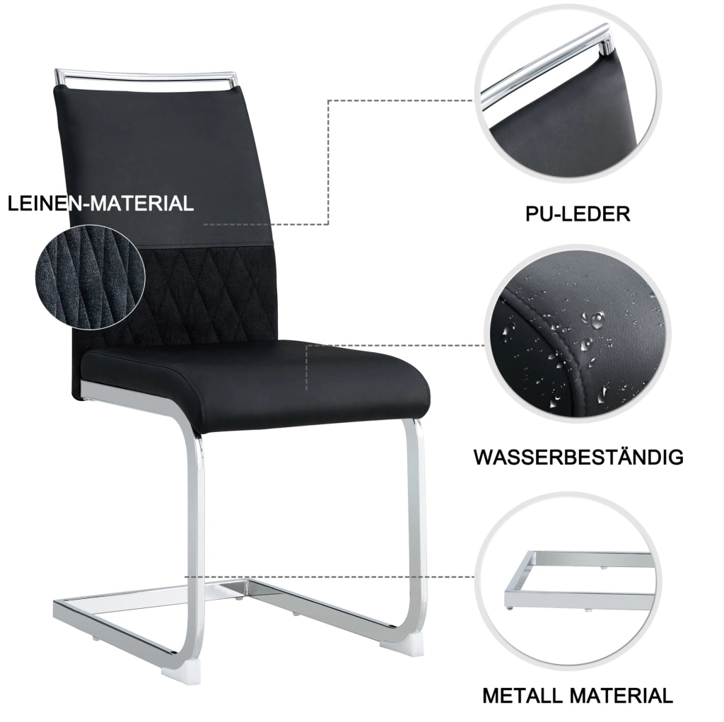 Sedia da pranzo nera con schienale ergonomico in PU e lino