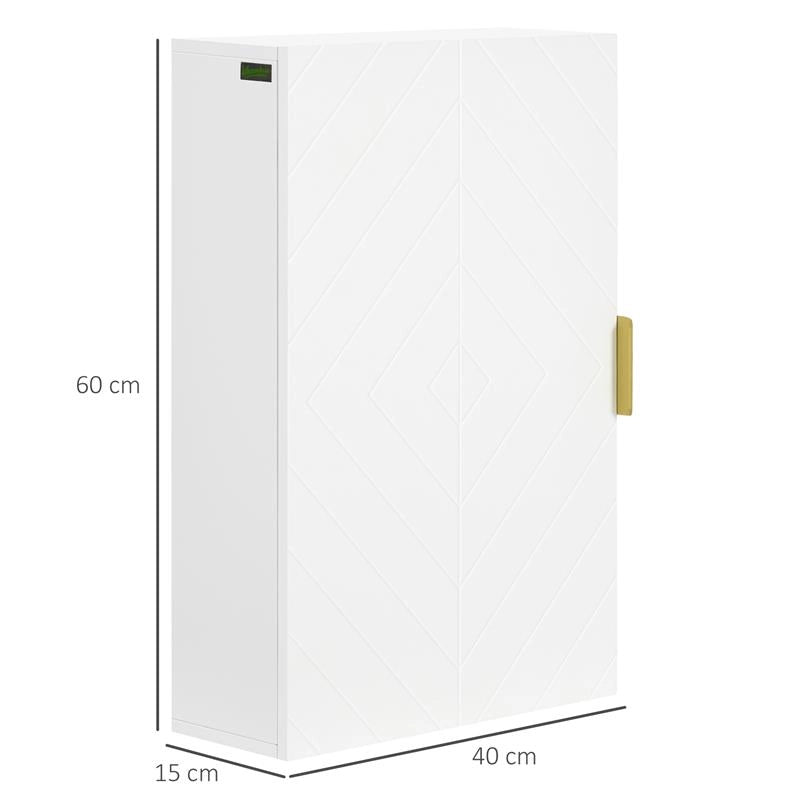 ARMADIETTO BAGNO A MURO CON ANTA DECORATA, MANIGLIA DORATA E RIPIANI REGOLABILI, 40X15X60 CM, BIANCO