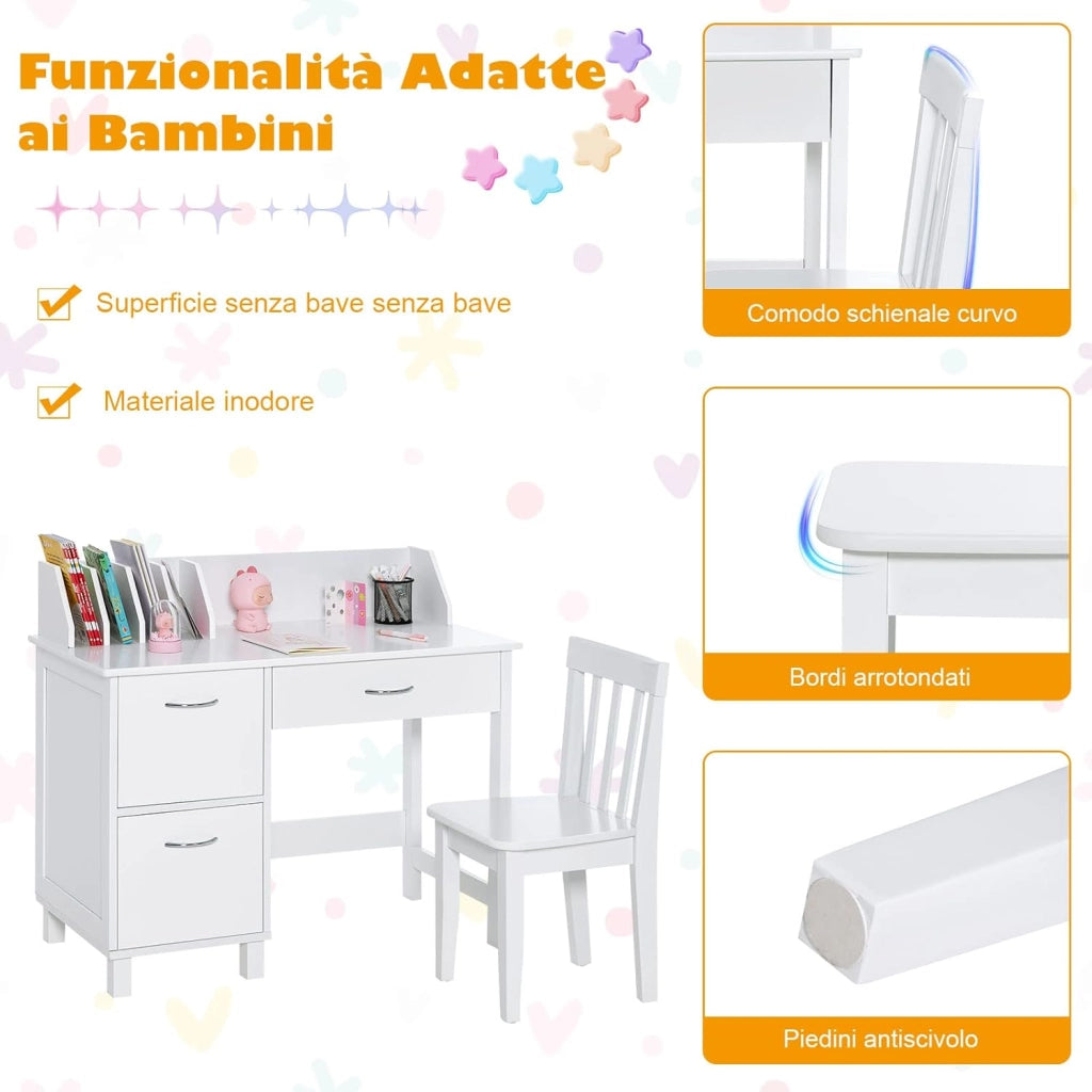 Set di Scrivania e Sedia per Bambini, Scrivania per Bambini con Cassetto e Armadietti, Ideale per Camera da Letto Sala Studio, 90,5 x 46 x 81 cm (bianco)